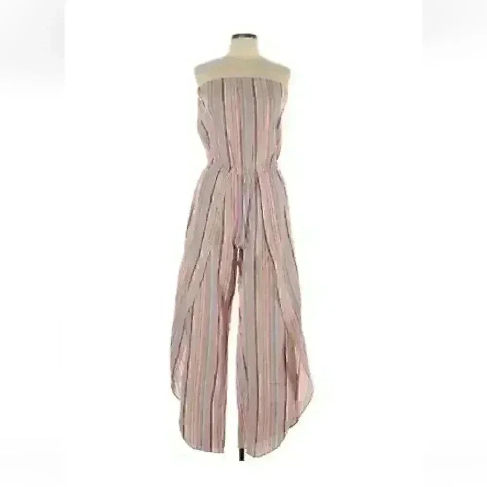 Drew Anthropologie Striped Linen Blend Strapless Bohemian Jumpsuit Size …